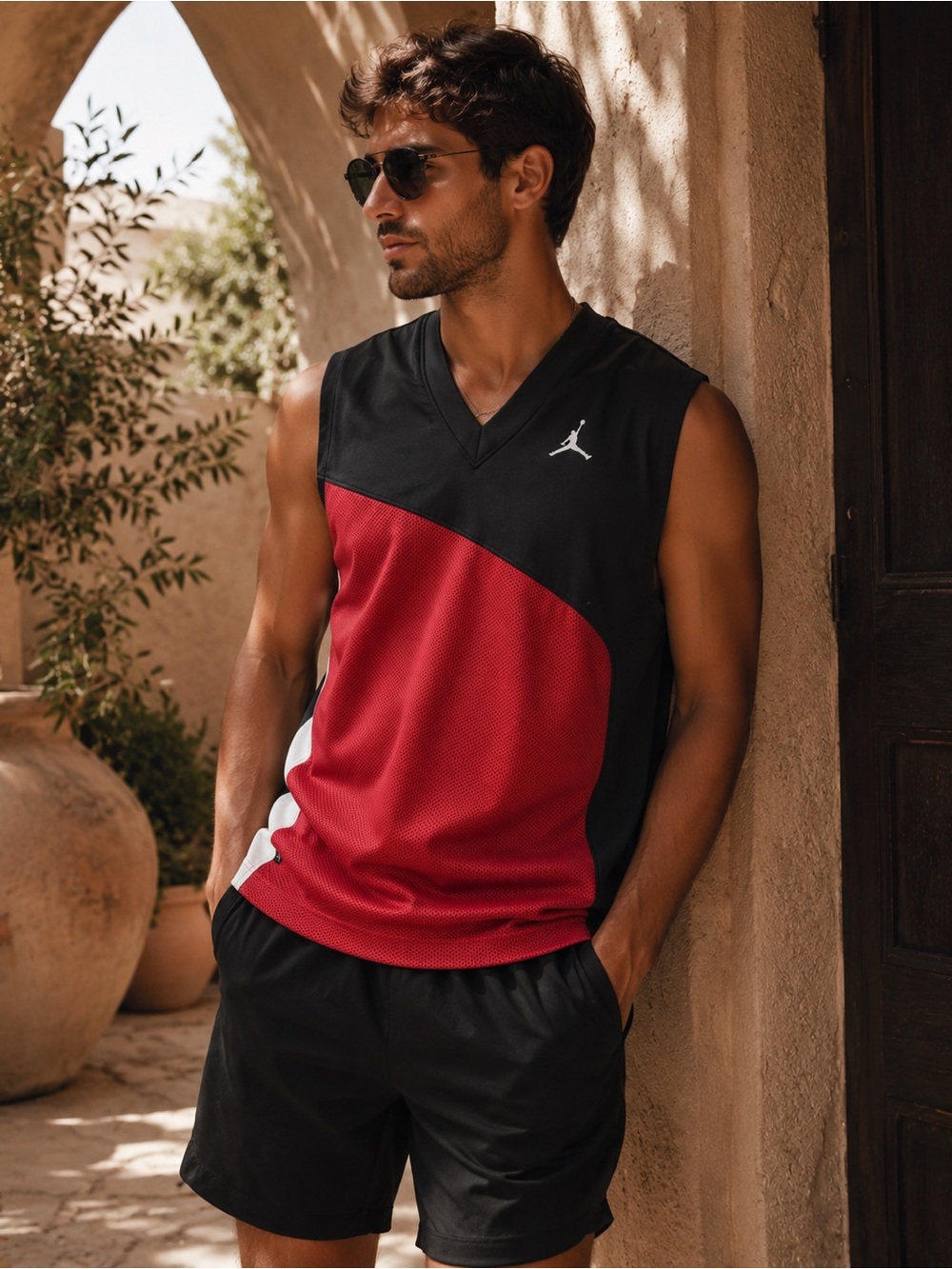 864. Jordan Red and Black Sleeveless Basketball Jersey with White Accent
